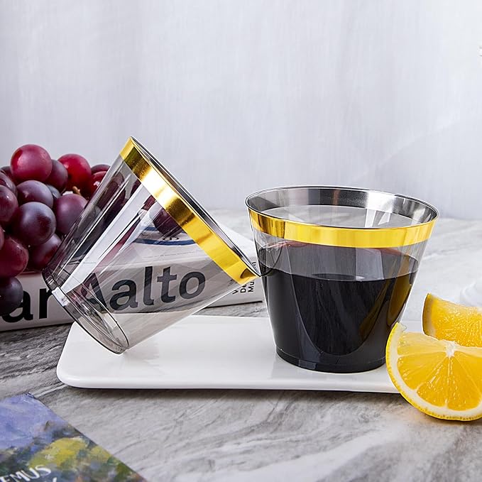 Superrnal 100pcs Gold and Black Plastic Cups 9OZ Elegant Gold Rimmed Clear Party Cups Fancy Disposable Wedding Cup Plastic Cup for Party,Gatherings, Afternoon Tea