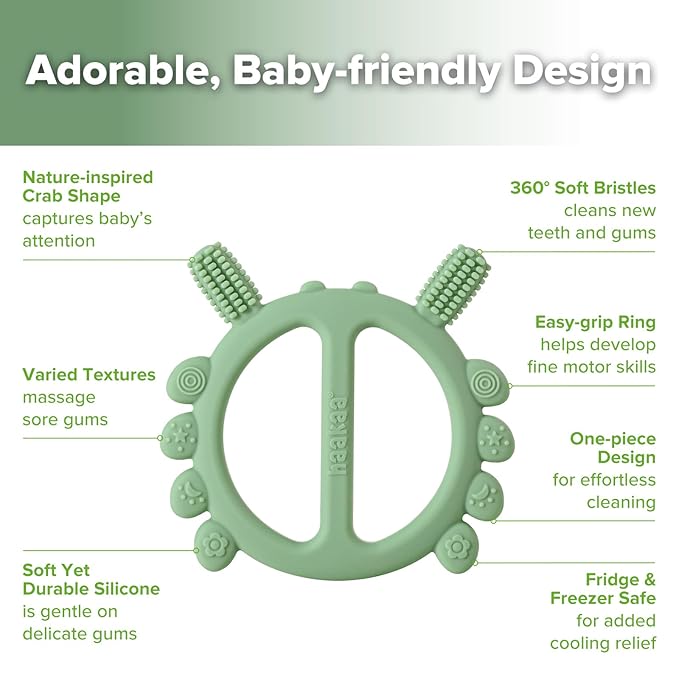 Haakaa Silicone Crab Baby Teether,Teething Toys,360ยฐ Baby Toothbrush Head for Infant Self-Brushing Training,Food-Grade Silicone,Pea Green