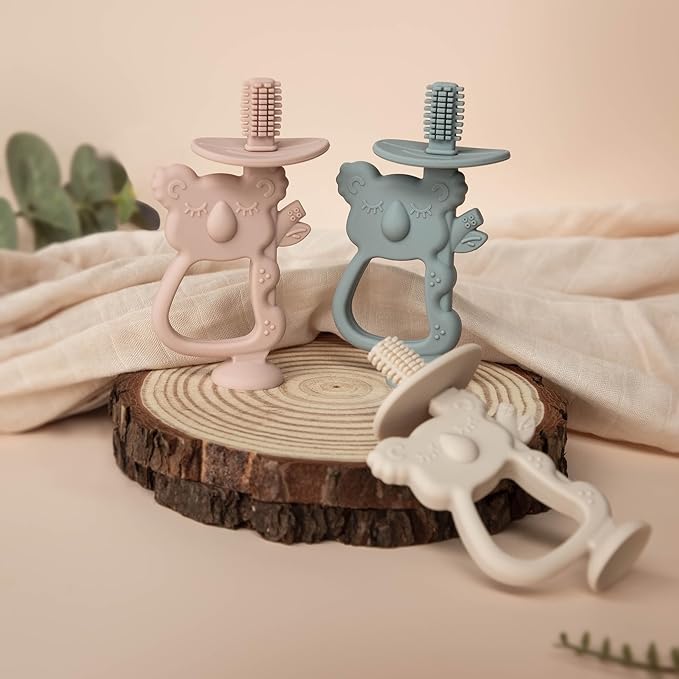 Moonkie Teething Toy Set of 2, Safe & Easy to Hold BPA Free Silicone Teethers, 360° Baby Toothbrush with Suction Base, Teether Toys Best for Babies 6-12 Months (Koala Blush/Shifting Sand)