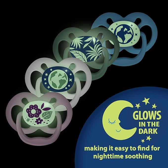 Dr. Brown's Advantage Glow-in-the-Dark Baby Pacifier, Fully Symmetrical Soother with Soft Silicone Bulb, Scooter Squirrel-Purple Nature, 6-18m, BPA Free, 4 Pack