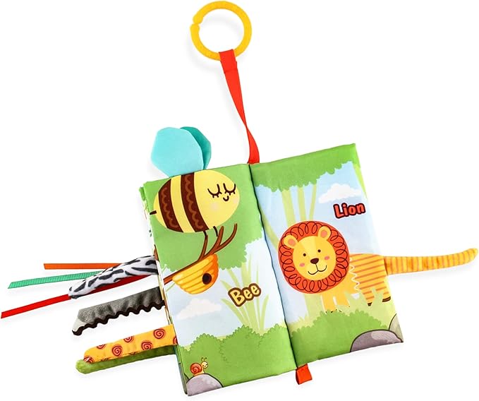 Minimono Jungle Tails Baby Activity Book, 3D Touch and Feel Crinkle Cloth Books, Montessori Activity Book for Fine Motor Skills
