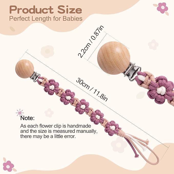 Pacifier Clip for Boys Girls Floral Daisy Macrame Paci Clip Pacifier Holder Leash Boho Wooden Clips Handmade Braided Cotton Unisex Baby Shower Birthday Gift