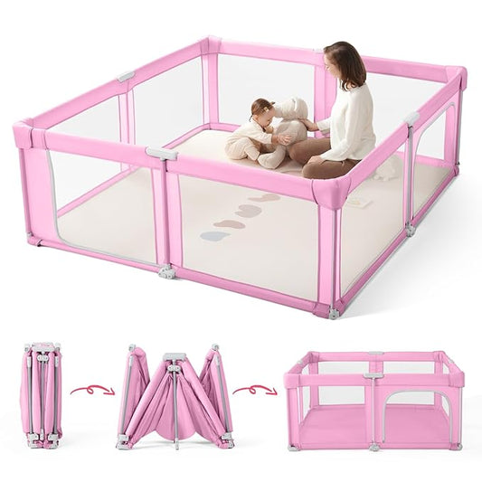 Baby Playpen Portable, Pre-Assembled Play Pen 71x79 Large Foldable Playpen for Babies and Toddlers, Sturdy and Safe Toddler Play Yard Indoor Outdoor with Carry Bag, Pink
