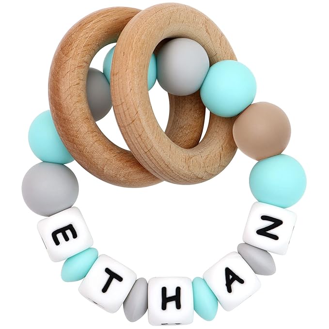 Personalized Teether Rattle Toy with Name,Custom Name Teething Ring for Boys Girls Baby Gift