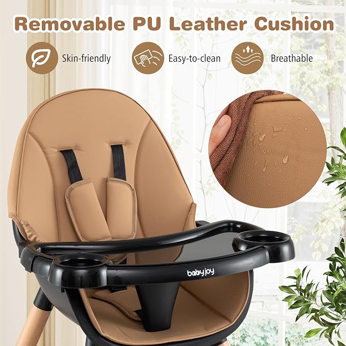 BABY JOY 6 in 1 High Chair, Convertible High Chairs for Babies and Toddlers/Booster Seat/Table and Chair Set, Infant Wooden Highchair w/ 5-Point Harness, 4-Position Removable Tray & PU Cushion, Coffee