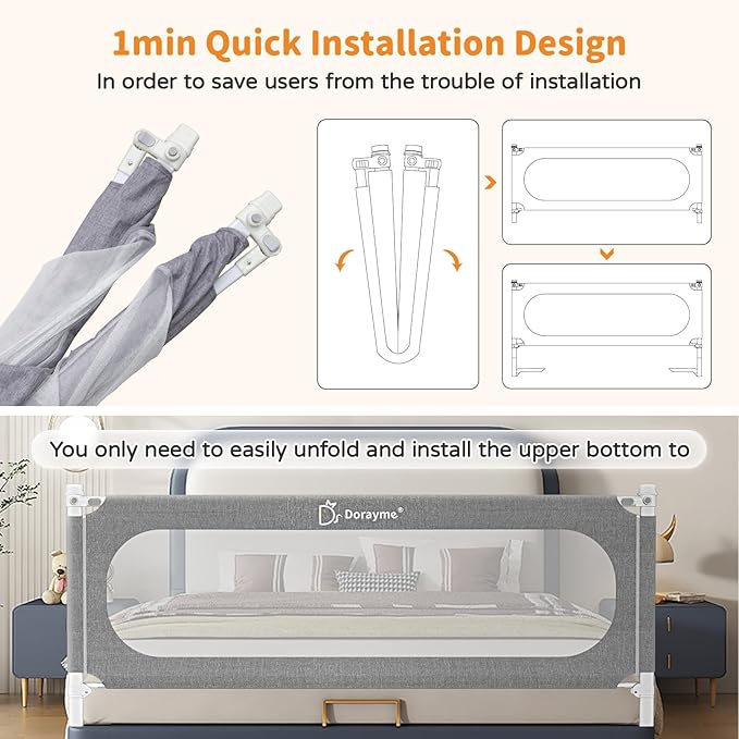 MagicFox Foldable Bed Rail for Toddlers - 32 Height Adjustments, No Installation Needed, Quick-Fold Design, Fits Twin, Full, Queen, King Beds - 70.8" x 30" (One Side)