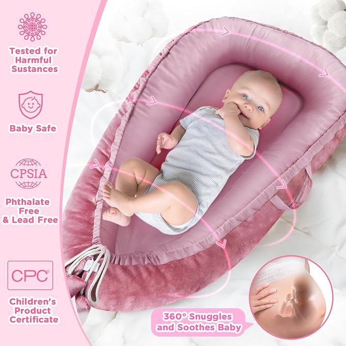 Baby Lounger - Baby Lounger for Newborn 0-24 Months, Breathable & Soft Cotton and Velvet Cover Baby Nest, Portable Cozy Infant Lounger for Home and Travel, Ideal Baby Essentials & Shower Gifts