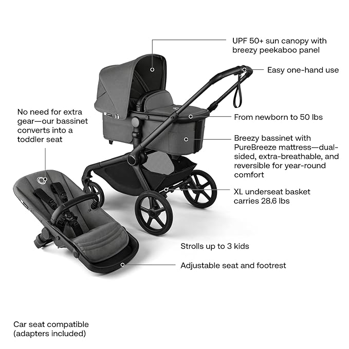 Bugaboo Kangaroo All-Terrain Single-to-Double Tandem Stroller for Infant and Toddler, for Up to Three Kids, XL Wheels, One-Hand Operation, Large Bassinet, XL Underseat Storage (Moon Grey)