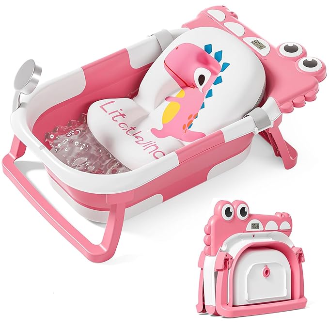 TPN Collapsible Baby Bathtub, Baby Bath Tub with Soft Cushion & Real-Time Thermometer, Baby Bathtub Infant to Toddler Tub (0-36 Months), Portable Newborn Travel Bath tub
