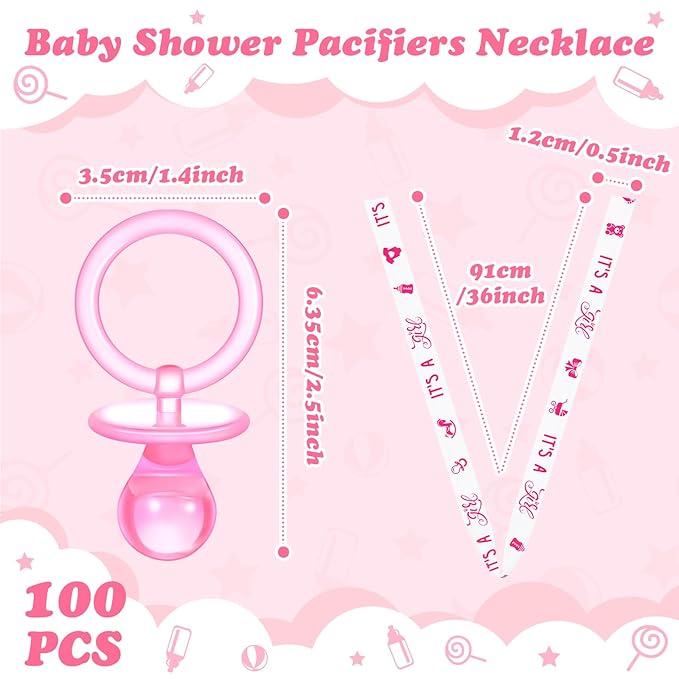 Chengu 100 Pcs Baby Shower Pacifiers Necklace, Acrylic Pacifiers Necklace Charm for Gender Reveal Party Decorations(Pink)