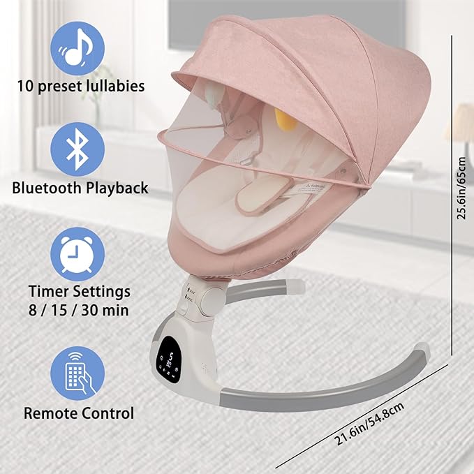 Electric Baby Swing for Infants, with Bluetooth Remote Control Timing Function and 10 Music 5 Swing Speeds 3 Seat Positions Baby Bouncer for Boy Girl Indoor & Outdoor Use (Pink)