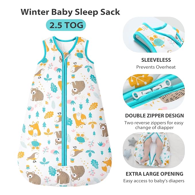 Mosebears Sleep Sack Baby Winter Wearable Blanket with 2-Way Zipper,2.5 TOG Cotton Sleep Sack Unisex (Animal World, 12-18 Months)