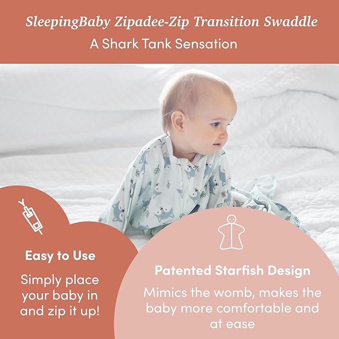 SleepingBaby Zipadee-Zip Transition Swaddle - Cozy Baby Swaddle Blanket with Zipper Convenience - Roomy Wearable Blanket for Easy Diaper Changes - Happy Wolf, X-Small (3-6 Month)