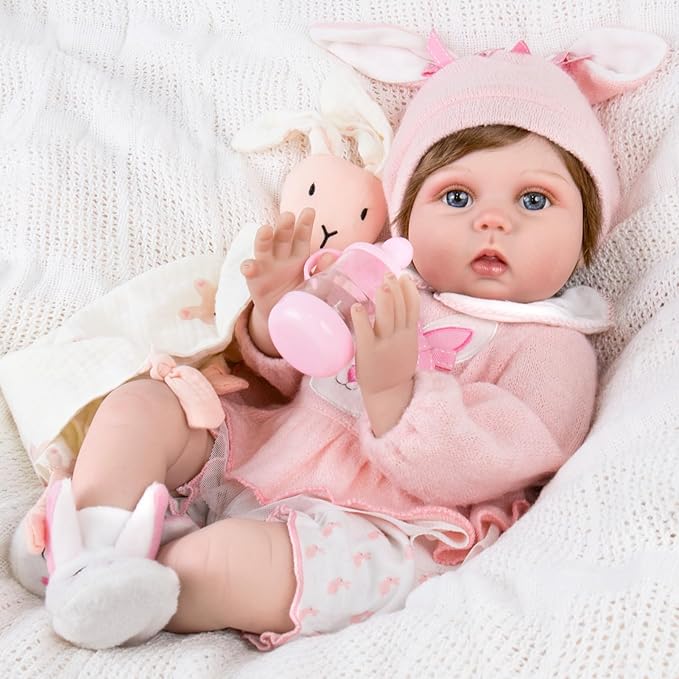 Aori Lifelike Reborn Baby Dolls - 22 Inch Realistic Newborn Baby Girl - Soft Vinyl Reborn Toddler with Feeding Set & Bunny Outfit Real Life Baby Doll for Kids 3+, Toddlers & Collectors