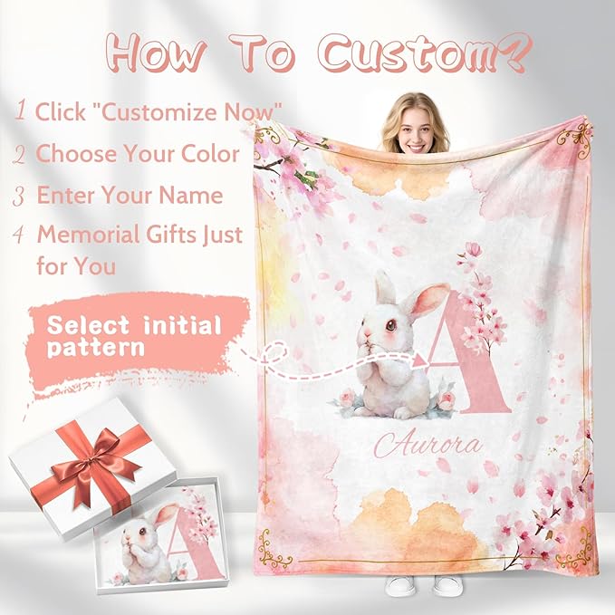 Personalized Baby Name Blanket, Custom Blankets and Throws with Name for Kids Girls Boys, Customized Toddler Blanket Gifts for Christmas Birthday Baby Shower(Name Rabbit)