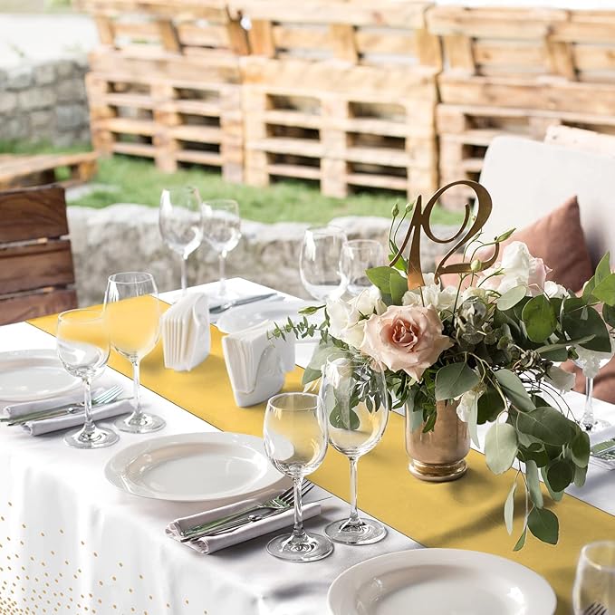 8Pack Disposable Plastic Tablecloths and Satin Table Runner Set White and Gold Dot Tablecloth Gold Satin Table Runner for Wedding Birthday Baby Shower Anniversary Christmas New Year Party Decorations