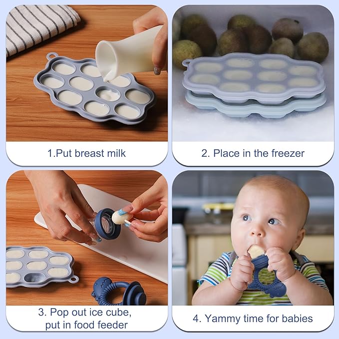 Baby Breastmilk Popsicle Molds & Baby Fruit Feeder Pacifier, Silicone Baby Food Freezer Tray Storage Containers for Infant Teething Self Feeding (1 Set)