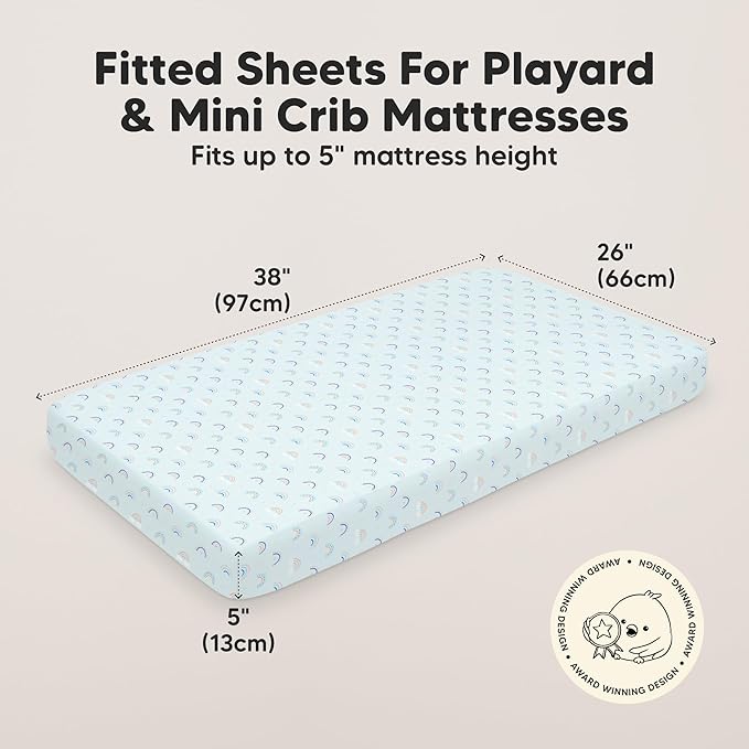 2-Pack Mini Crib Sheets Fitted - 38x26 Pack N Play Sheets for Pack and Play Mattress, Organic Cotton, Soft & Breathable Playard Bedding, Neutral Mini Toddler Bed Cover for Boys, Girls (Jolly Rainbow)