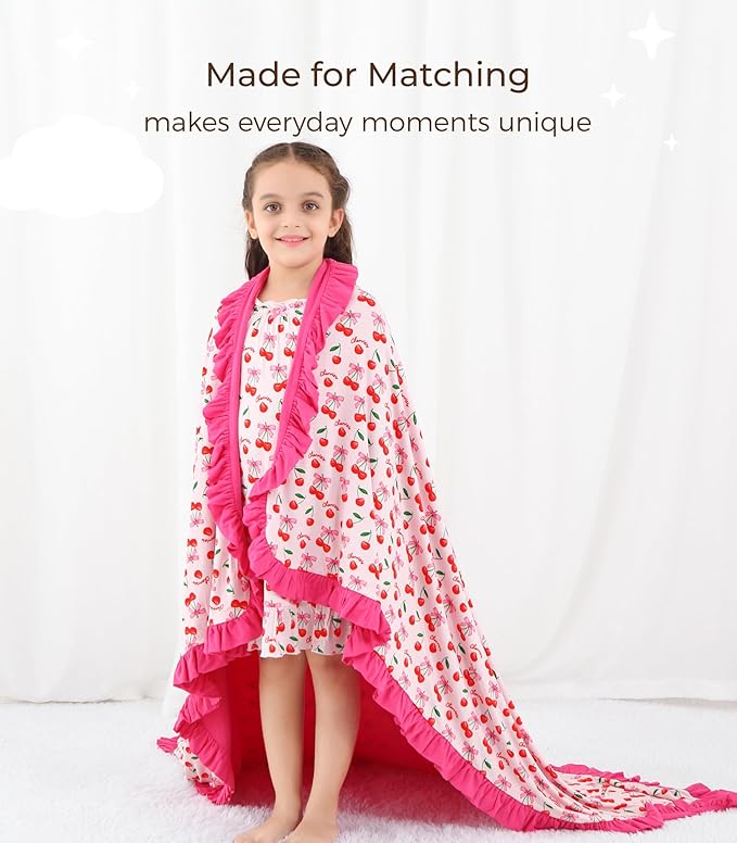 Premium Baby Blanket for Girls, Stretchy Quilt, Soft Crib Bedding for Newborn Baby and Toddler, Ruffle Nursery Blanket for Kids, Viscose Made from Bamboo, 50''x50'' Sweet Cherries