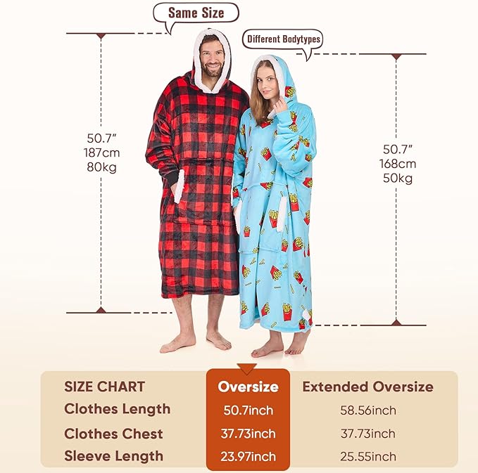 yescool Wearable Blanket Hoodie - birthday gifts for Adults/Women/mom, Flannel Cozy Sherpa Fleece Blanket Sweatshirt with Hood, Pocket & Sleeves, Large, One Size Fits All (Fries)