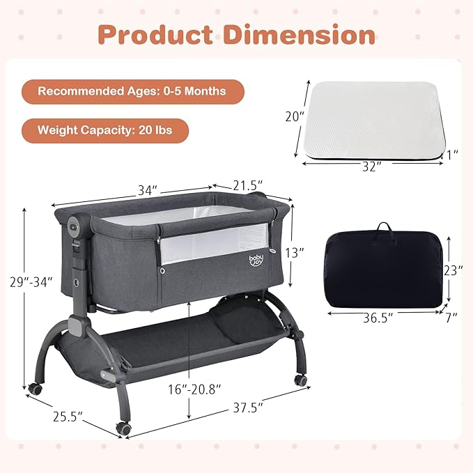 BABY JOY Baby Bassinet, 3-in-1 Rocking Bassinet w/Storage Basket, Double-Lock Design, 7 Adjustable Heights, Soft Mattress & Portable Travel Bag, Bassinet Bedside Sleeper for Newborns Infants (Gray)