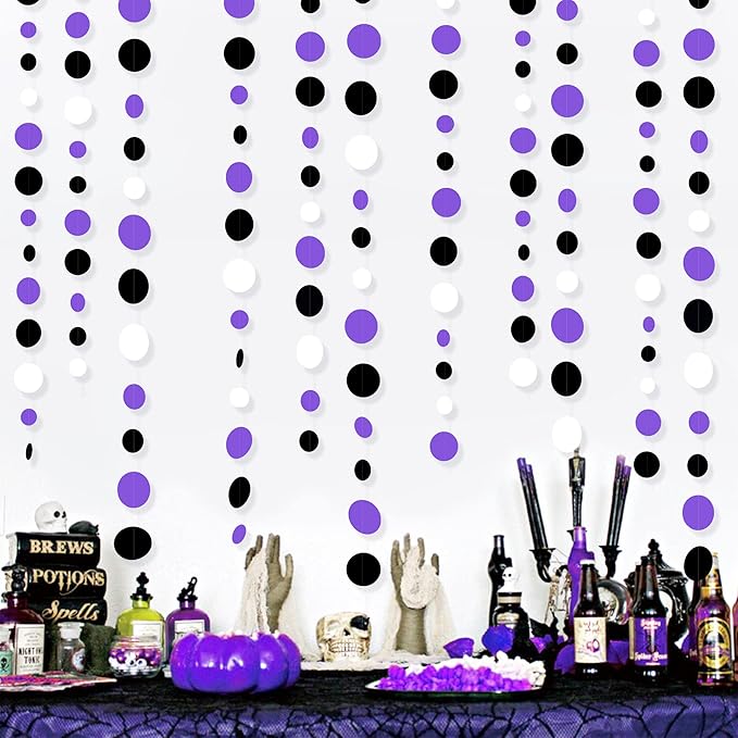 46Ft Purple Black Circle Dots Garlands Black Purple and White Polka Dot Hanging Paper Streamer Banners for Birthday Graduation Wedding Bridal Shower Baby Shower Halloween Party Decorations Supplies