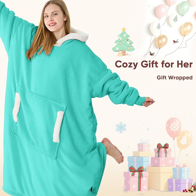 yescool Wearable Blanket Hoodie - Gifts for Women Her Girlfriend, Birthday Christmas Gifts For Mom, Oversized Flannel Sherpa Blanket Sweatshirt, One Size Fits All (Teal)