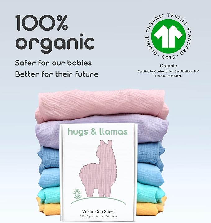 Hugs & Llamas - 100% Organic Cotton Muslin Fitted Sheet for Boys & Girls | Neutral Organic Crib Sheets