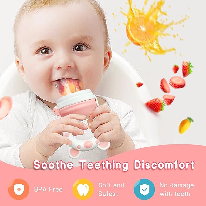 Baby Fruit Feeder with with 2 Extra Teats, Toddler Eating Essentials, BPAFree Feeding Supplies, Silicone Fresh Food Feeder for Safe Infant Self Feeding (Bear- Blue Pink)