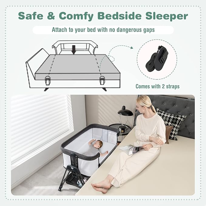 BABY JOY Bassinet Bedside Sleeper, Easy Folding Crib w/All-Side Mesh, Storage Shelf, 7 Adjustable Heights, Mattress & Travel Bag for Safe Co-Sleeping, Portable Bed for Newborn Infant -Black