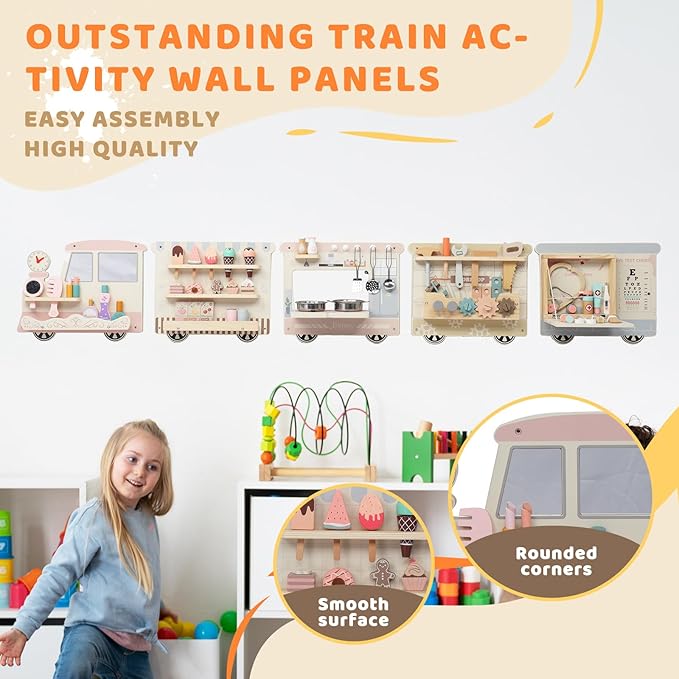 JOYMOR Wooden Train Wall Busy Board Activity, Sensory Wall Panel for Kids, Toddler Montessori Learning Activity Center for Playroom,Daycare, Ideal Educational Gift