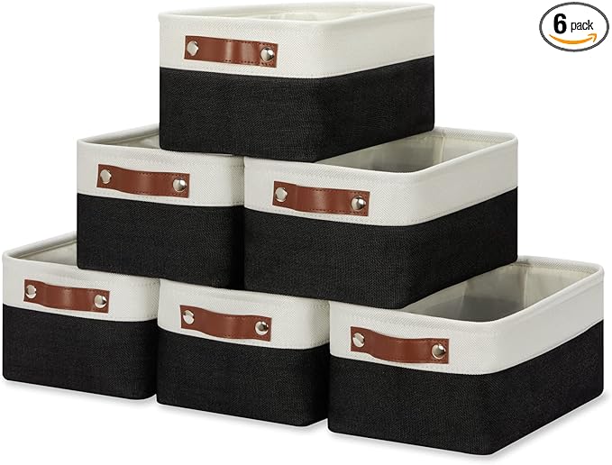 HNZIGE Small Storage Baskets (6 Pack) - Fabric Bins with Leather Handles, Foldable for Organizing (Black&White, 11.8" x 7.8" x 5.1")