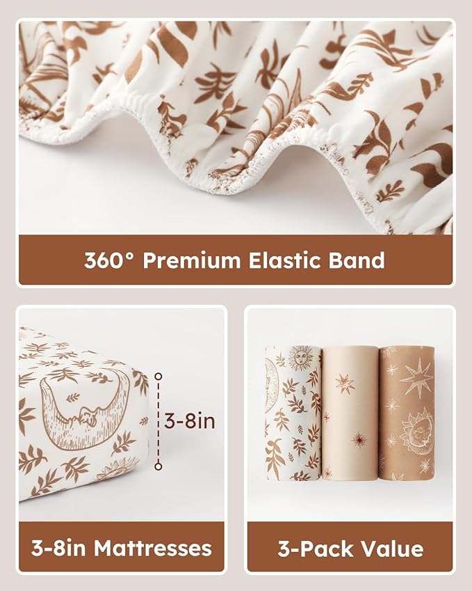 Baby Crib Sheets for Boys Girls, Fitted Crib Sheet Neutral 3 Pack for Standard Crib and Toddler Mattress, Breathable Soft Microfiber Baby Sheet 28x52x8in White Brown Sun God