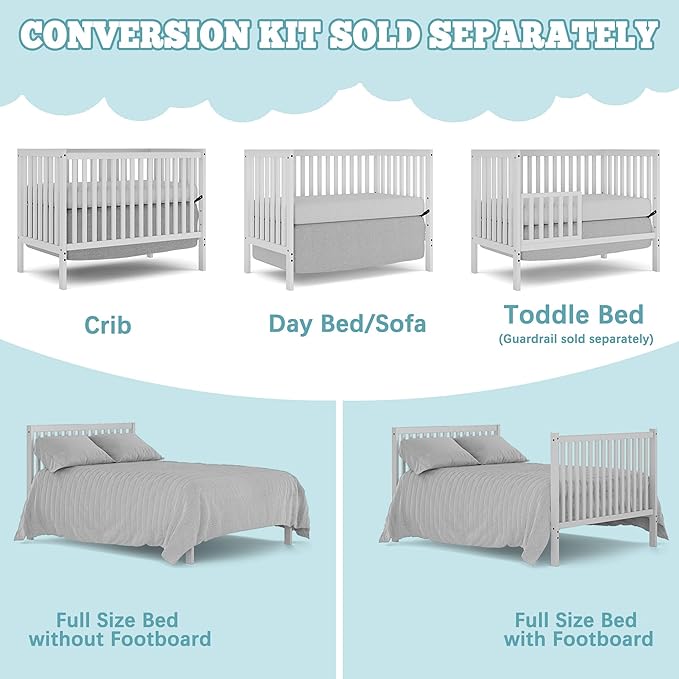 Baby Crib 5-in-1 Convertible, Wood Full Size Toddler Bed for Small Baby, Made of Sustainable Natural Pinewood Cribs, Non-Toxic Finish, Simplistic Nursery Furniture (White)