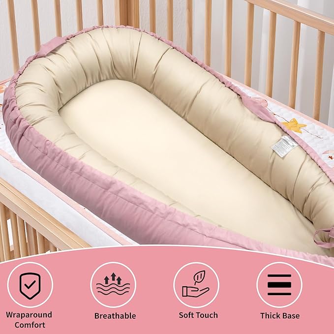 Baby Lounger, Baby Nest Cover for Baby, Reversible & Breathable Cotton, Adjustable Baby Floor Seat for Tummy Time, Portable Infant Lounger, Essentials for Newborns (Pink)