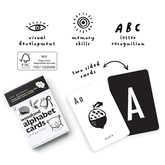 Wee Gallery Educational Flashcards for Babies, Double Sided Black and White Learning Flash cards, Woodland Animal Alphabet Cards for Visual Stimulation and Cognitive Development of Toddlers
