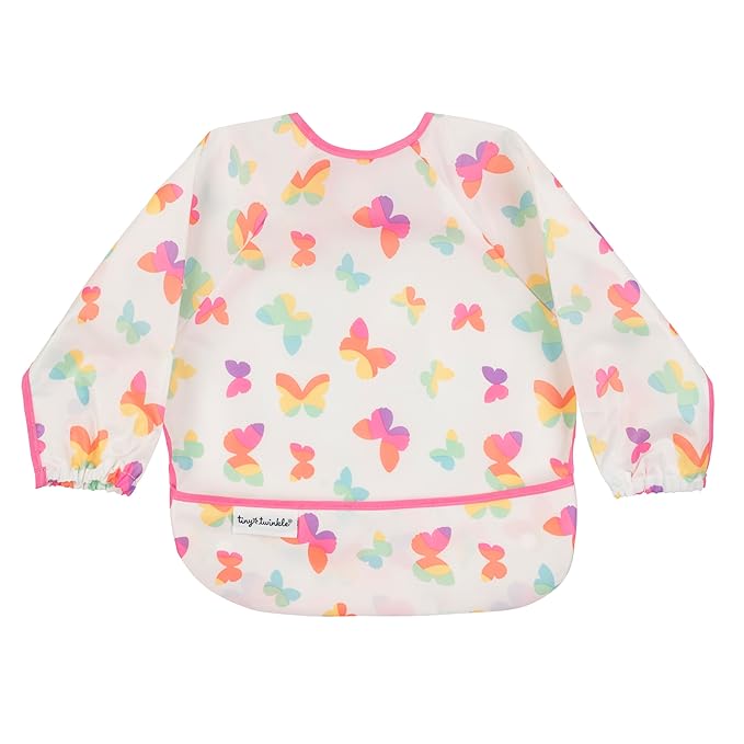 Tiny Twinkle Mess Proof Baby Bib,Waterproof Smock Baby Bib for Eating,Machine Washable Long Sleeve Bib,Baby Led Weaning,Toddler Bib (Butterflies, Small 6-24 Months)