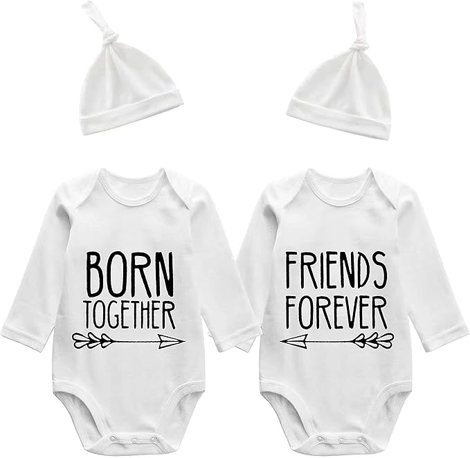 YSCULBUTOL Baby Twins Bodysuits Best Friends Forever Baby Clothes Set with Bibs Girl Outfit with hat