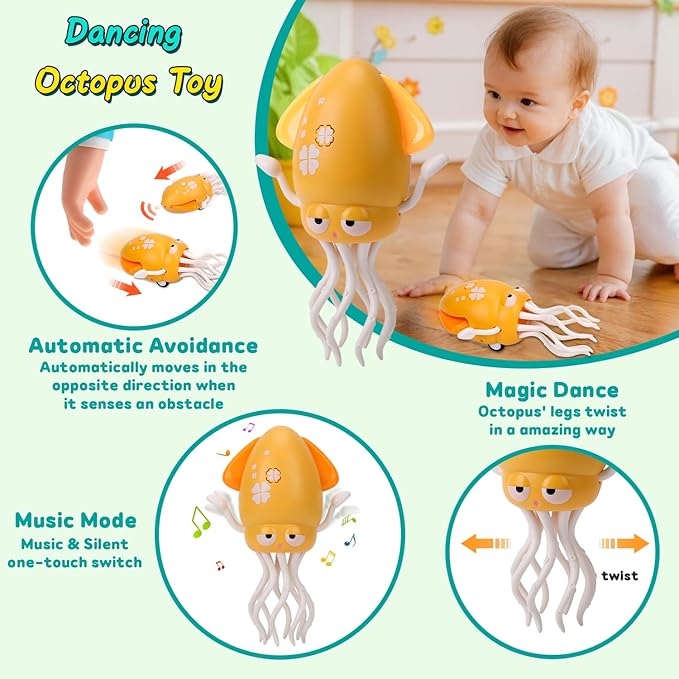 Dancing Octopus Baby Toy, Electric Crawling Squid with Obstacle Avoidance, Infant Light up Music Toys for 3 4 5 6 7 Year Old Kids, Rechargeable Tummy Time Toy Boy Girl Birthday Gifts(Yellow)