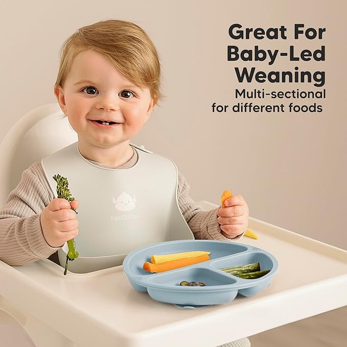 KeaBabies Suction Plates with Lids for Baby - 3-Pack 100% Silicone Toddler Plates with Suction, Divided, BPA-Free Baby Led Weaning Essentials for Kids, Dishwasher, Microwave Safe, Durable (Amaze)