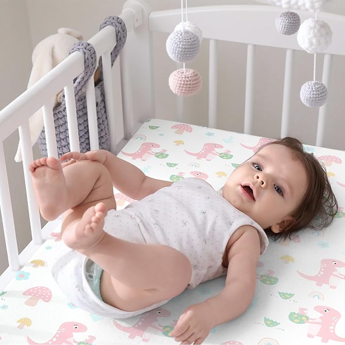 Pack n Play Flat Sheet 2 Piece Mini Crib Sheet Elastic Playard Sheet Set Portable Sheet Set Elastic Convertible Playmat Compatible Graco Pack n Play (Owl and Tree Bag) (Dinosaur Egg)