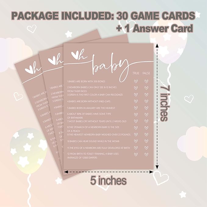 Baby Shower Games - Pink Oh Baby True or False Game Cards + Answer Cards, 30 Sets Gender Reveal Party Decorations - F04