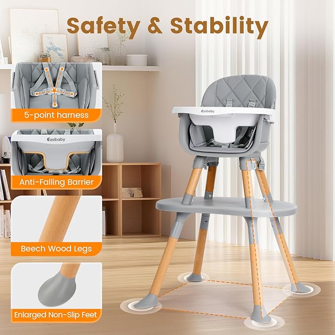 Ezebaby Baby High Chair, 8 in 1 Convertible High Chairs to Booster Seat/Toddler Chair/Table and Chair Set, Baby Feeding Chair with Adjustable Tray & PU Cushion(Grey)