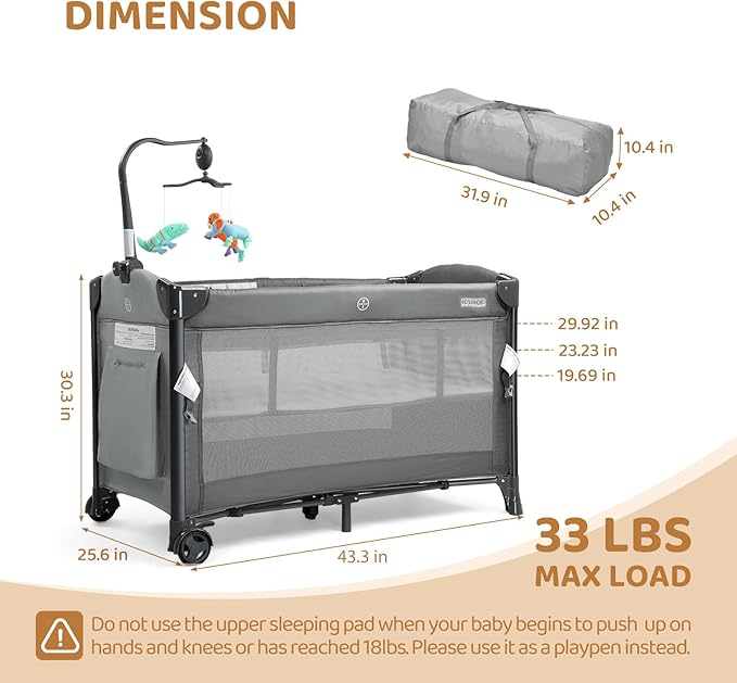 JOYMOR Baby Bedside Bassinet, Baby Bassinet, Pack n Play Convert Playpen, Quick Foldable Travel Bed with Toy, Wheels & Brake, Carry Bag for Boys Girls (Gray)