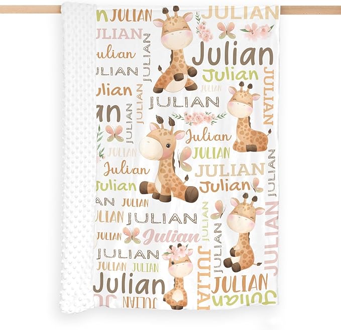 Personalized Baby Blanket for Girls Boys Giraffe Custom Baby Blankets with Name Dotted Backing Customized Gifts for New Mom Customize Baby Blanket for Kids Newborn Birthday
