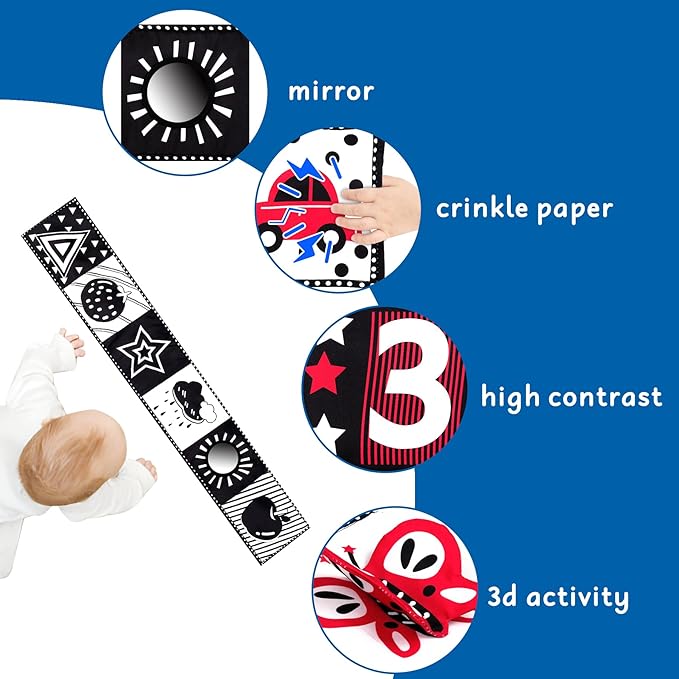 Black and White High Contrast Baby Toys - 0-3 Months Brain Development - Soft Crinkle Books & Tummy Time Montessori Sensory Toys for 0-12 Months, Boys & Girls
