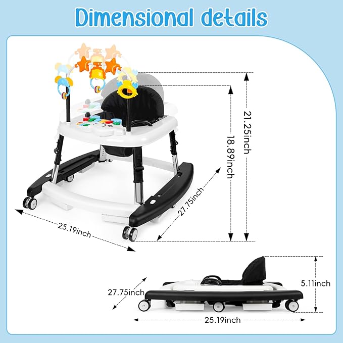 5-in-1 Music and Lights Baby Walker Foldable with 5 Adjustable Heights, Baby Walker with Wheels and Bouncer Combo Portable, Infant Toddler Walker for Baby Boy Girls 6-18 Months
