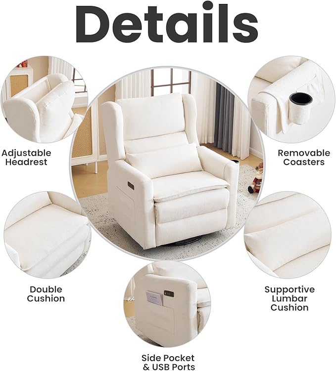 Oversized Swivel Rocker Recliner with Adjustable Headrest, 26" Extra Wide Glider Recliner Nursery Chair with Double Cushion, Chenille Glider Rocking Chair for Living Room,Cup Holder,White
