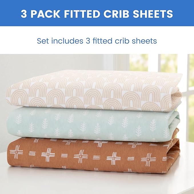 Delta Children Fitted Crib Sheets for Girls and Boys - 100% Organic Cotton Crib Sheet for Standard Crib and Toddler Mattresses - 28x52 Inch - GOTS Certified (Pack of 3), Neutral Boho