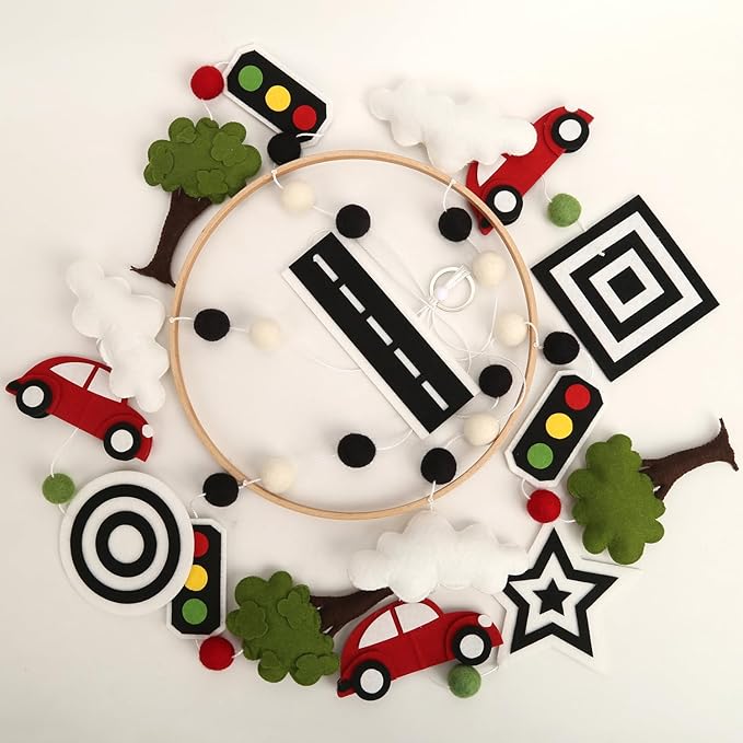 High Contrast Mobile - Black and White Crib Mobile for Development with red Cars, Green Trees and Black and White Patterns
